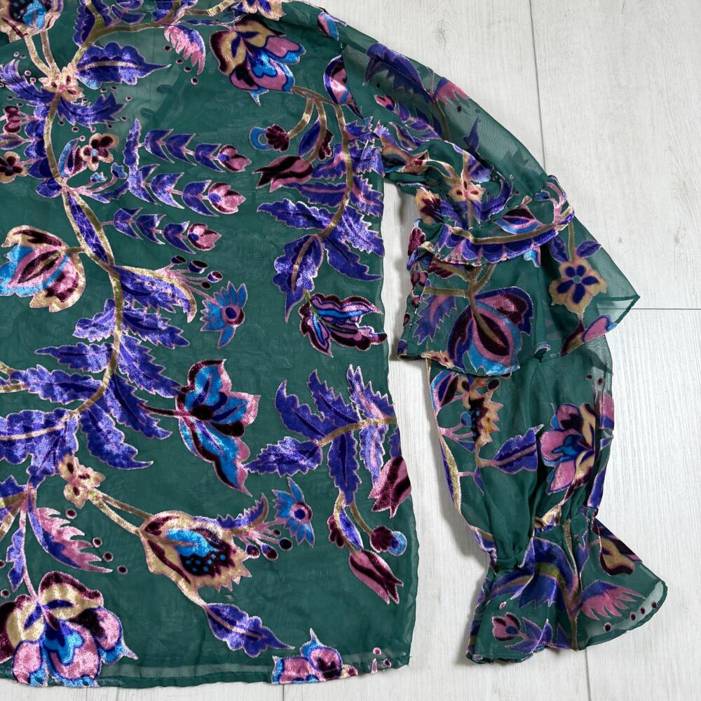 PatBO Burnout Velvet Blouse Blue Purple Women's XS Ruffles Long Sleeve Sheer - Picture 5 of 12